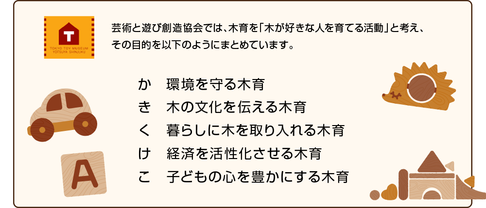 か　環境を守る木育／き　木の文化を伝える木育／く　暮らしに木を取り入れる木育／け　経済を活性化させる木育／こ　子どもの心を豊かにする木育